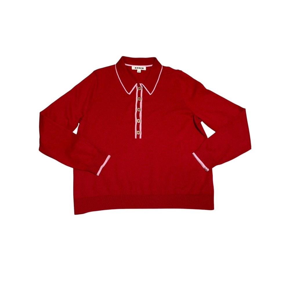 Boden Red Pink Trim Collared Knit Sweater Large Cotton Wool Blend Preppy Top - Picture 6 of 9
